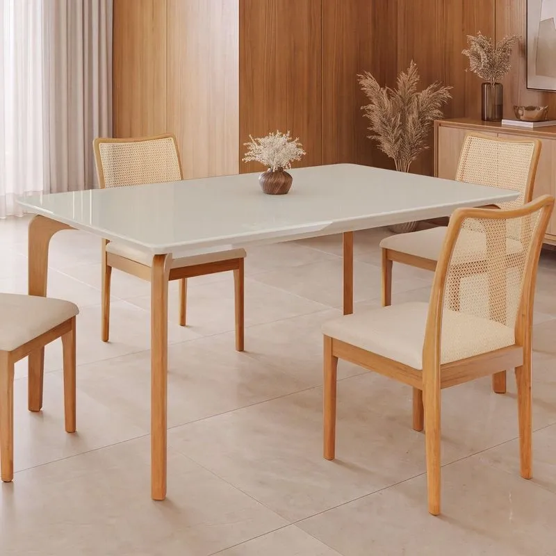 Mesa Para Sala De Jantar 160x90cm Pés Madeira Maciça E Tampo MDF Off Com Vidro Off Honda Madeira Mel / Off White