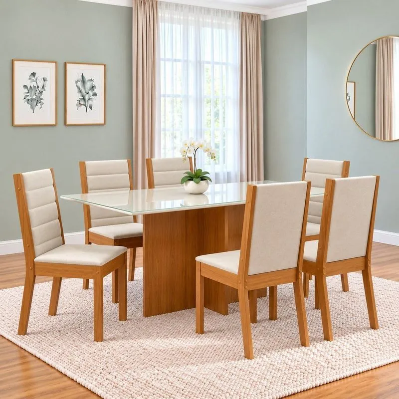 Conjunto Sala De Jantar Mesa Lana 160cm Tampo Mdf Vidro Canto Reto 6 Cadeiras Evelin Cinamomo/off White/areia