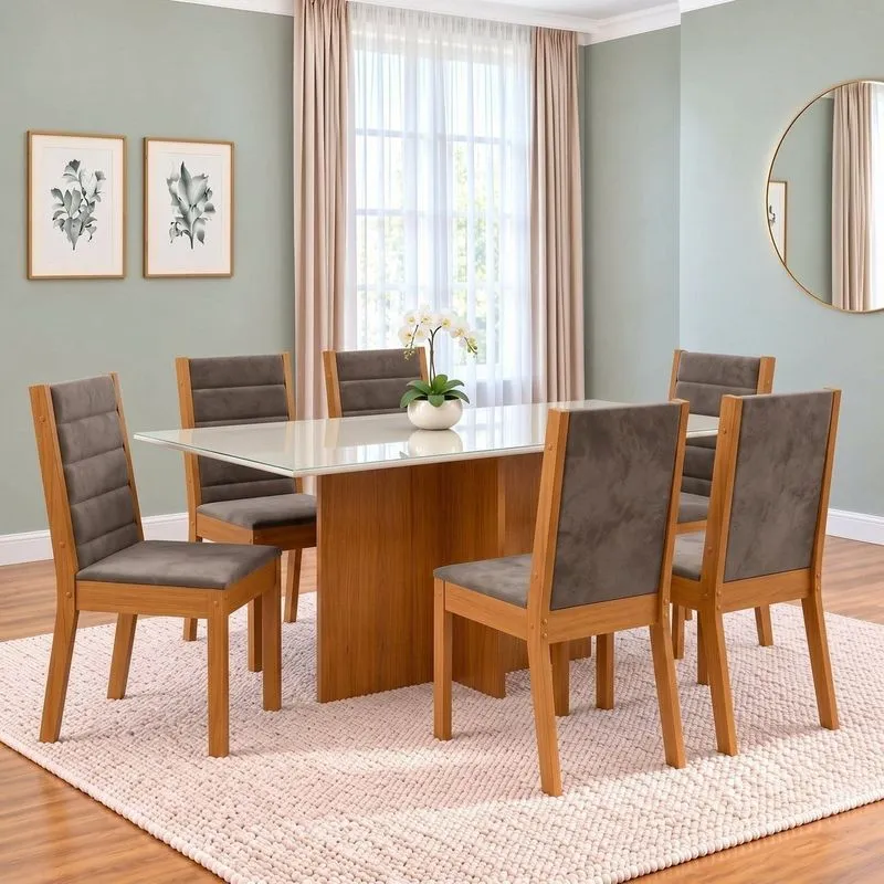 Conjunto Sala De Jantar Mesa Lana 160cm Tampo Mdf Vidro Canto Reto 6 Cadeiras Evelin Cinamomo/Off White/Marrom Amêndoa