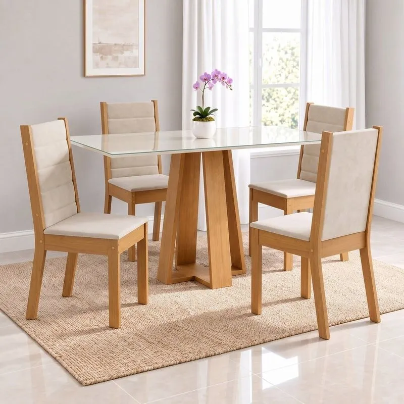 Conjunto Sala De Jantar Mesa Lisa 120cm Tampo Mdf Vidro Canto Reto 4 Cadeiras Evelin Cinamomo/off White/areia