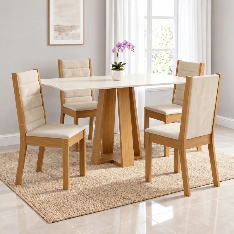 Conjunto Sala De Jantar Mesa Lisa 120cm Tampo Mdf Canto Reto 4 Cadeiras Evelin Cinamomo/Off White/Areia