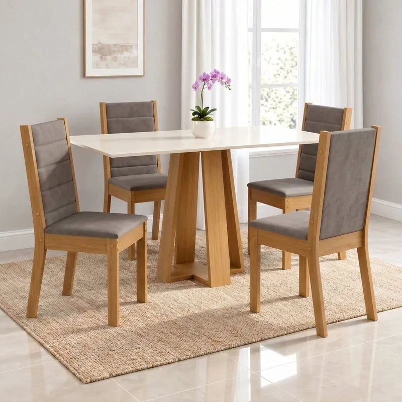 Conjunto Sala De Jantar Mesa Lisa 120cm Tampo Mdf Canto Reto 4 Cadeiras Evelin Cinamomo/Off White/Marrom Amêndoa