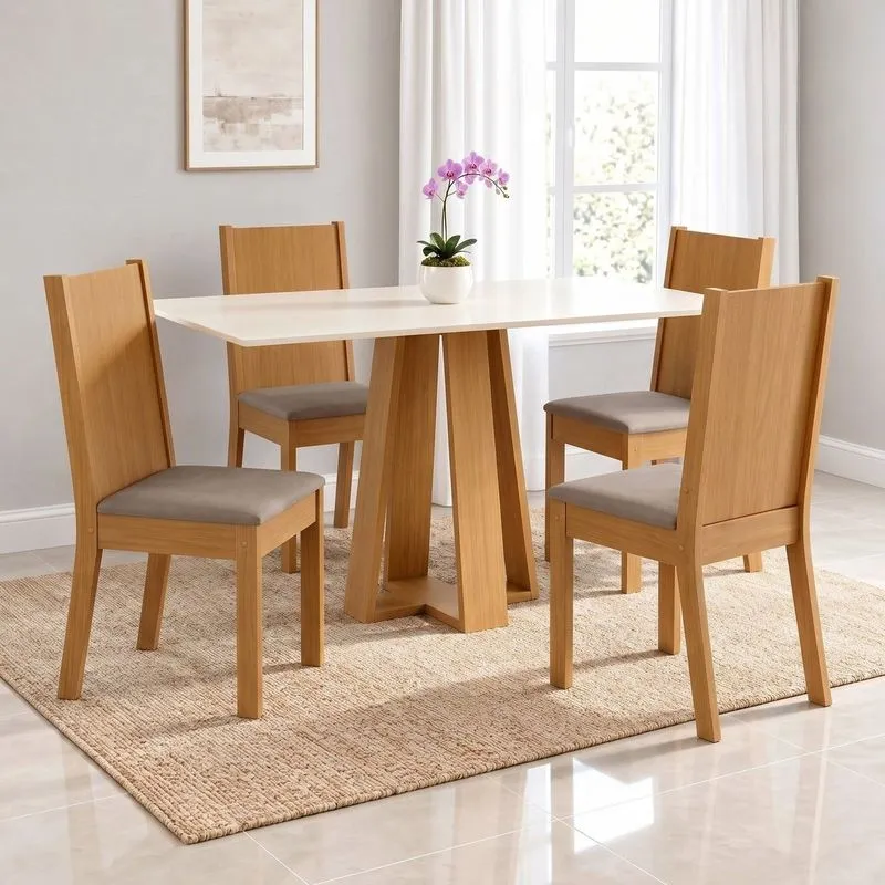 Conjunto Sala De Jantar Mesa Lisa 120cm Tampo Mdf Canto Reto 4 Cadeiras Tami Cinamomo/off White/marrom Amêndoa