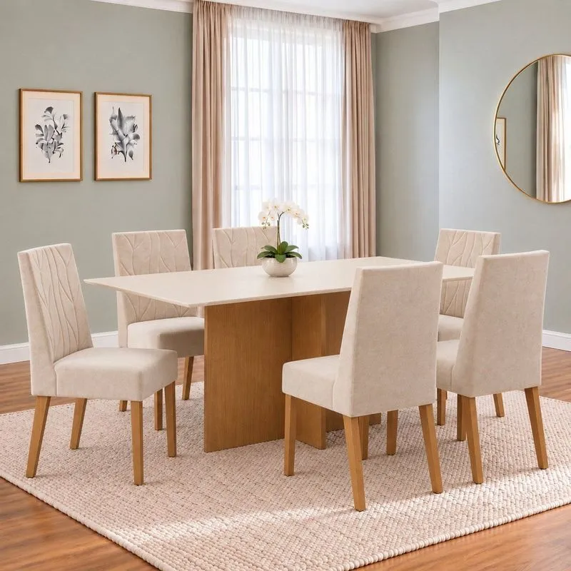 Conjunto Sala De Jantar Mesa Lana 160cm Tampo MDF Canto Reto 6 Cadeiras Flavia Cinamomo/Off White/Areia