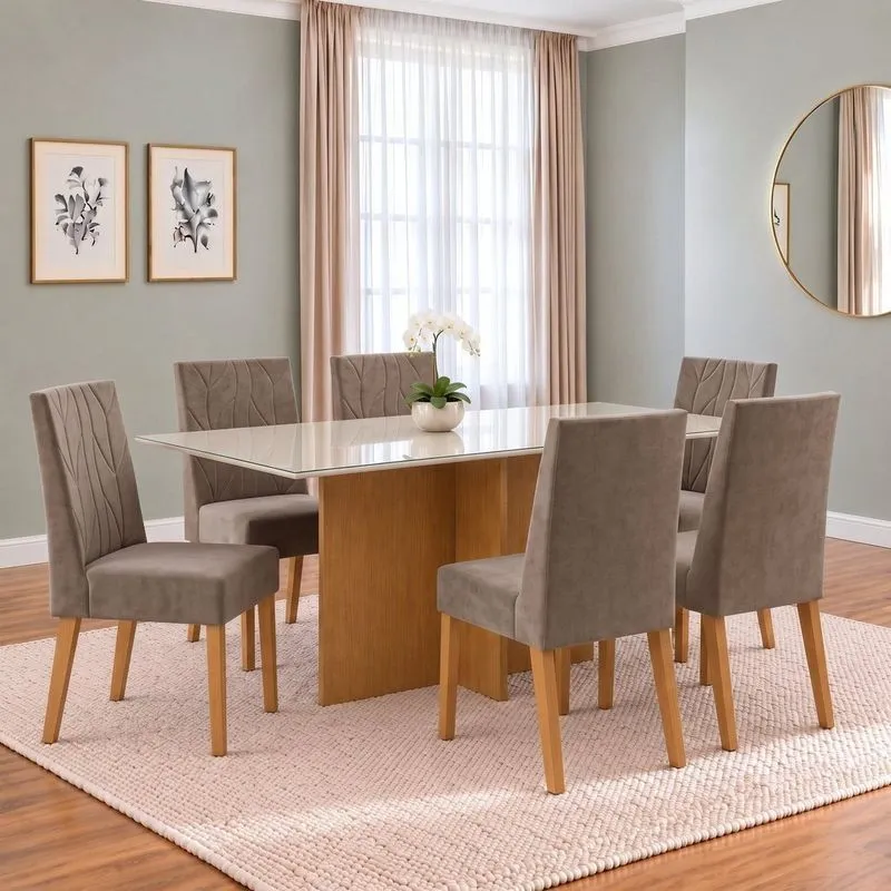 Conjunto Sala De Jantar Mesa Lana 160cm Tampo Mdf Vidro Canto Reto 6 Cadeiras Flavia Cinamomo/Off White/Marrom Amêndoa