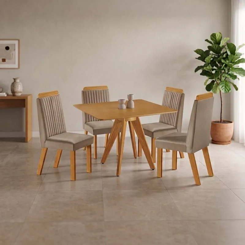 Conjunto Sala De Jantar Mesa Liz Quadrada Tampo Amadeirado 4 Cadeiras Riviera Cinamomo/capuccino Castanho Cinamomo/capuccino