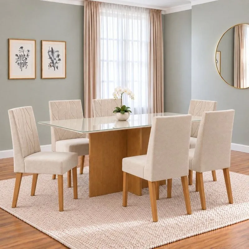 Conjunto Sala De Jantar Mesa Lana 160cm Tampo Mdf Vidro Canto Reto 6 Cadeiras Flavia Cinamomo/Off White/Areia