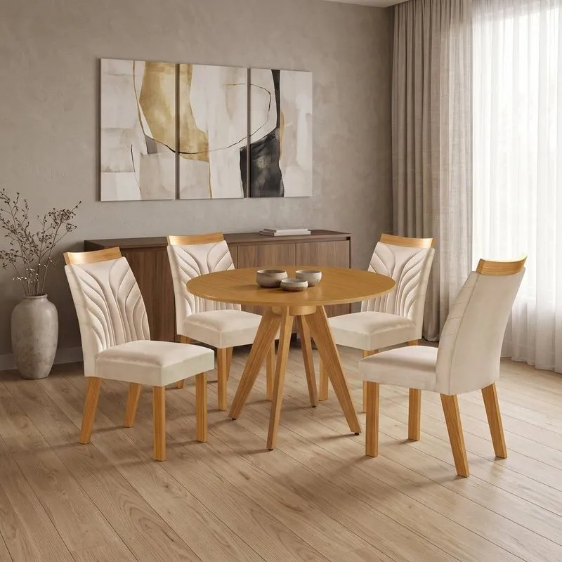 Conjunto Sala De Jantar Mesa Liz Redonda Tampo Amadeirado 4 Cadeiras Veneza New Cinamomo Yescasa Castanho Cinamomo/creme