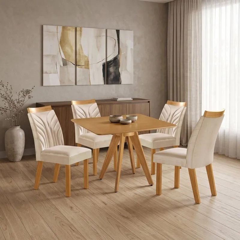 Conjunto Sala De Jantar Mesa Liz Quadrada Tampo Amadeirado 4 Cadeiras Veneza New Cinamomo Yescasa Castanho Cinamomo/creme