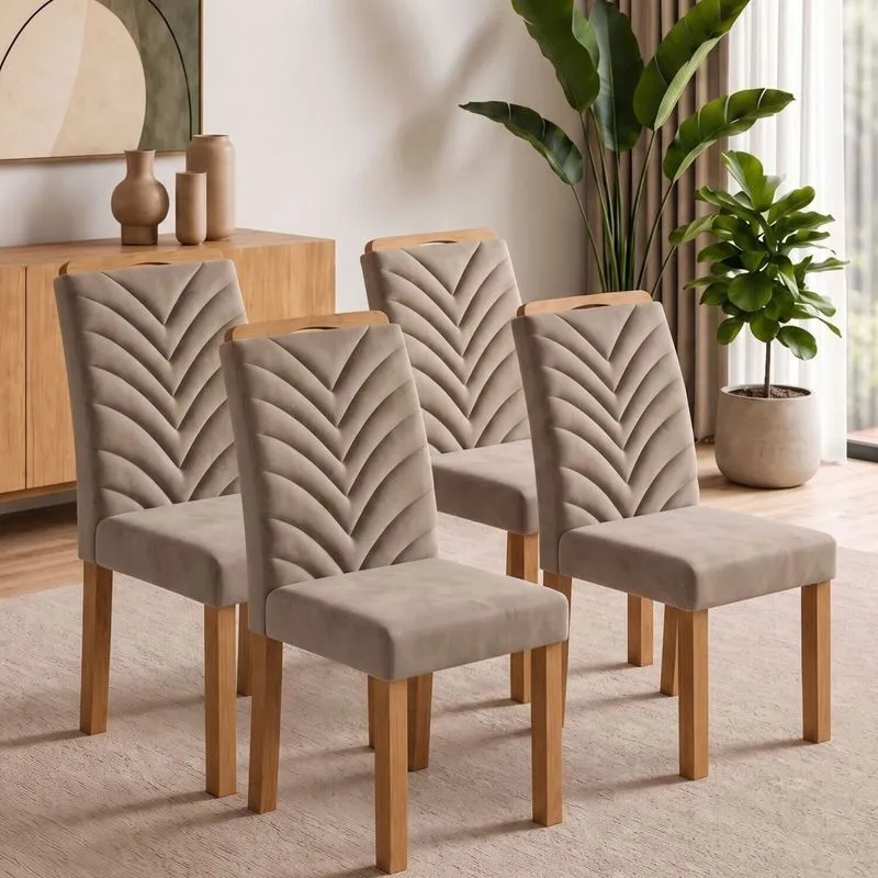 Conjunto 4 Cadeiras Para Sala De Jantar Carol Cinamomo/veludo Bege Escuro
