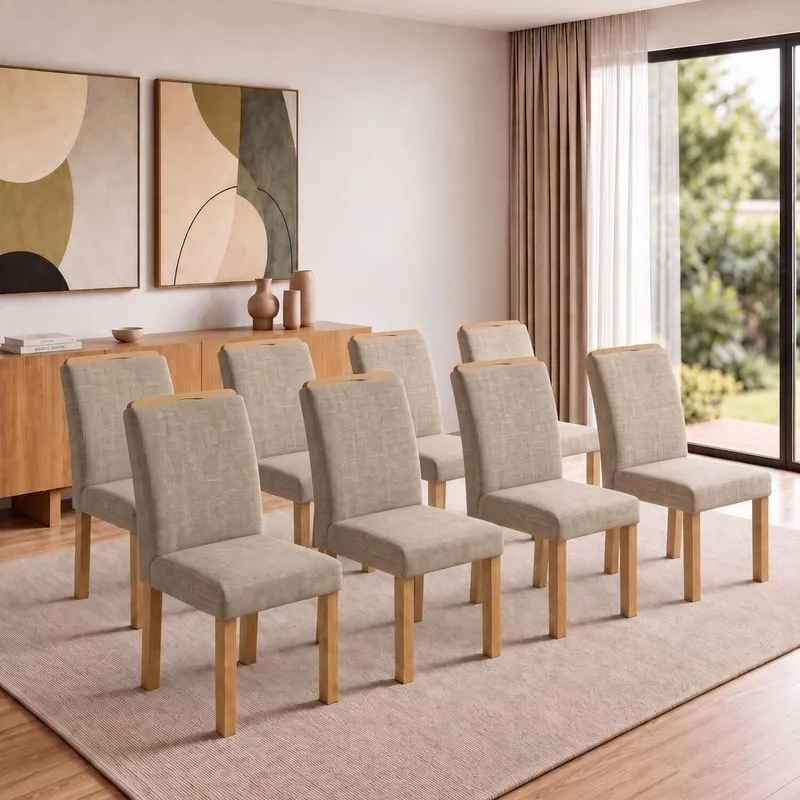Conjunto 8 Cadeiras Para Sala De Jantar Lyra Cinamomo/Linho Bege
