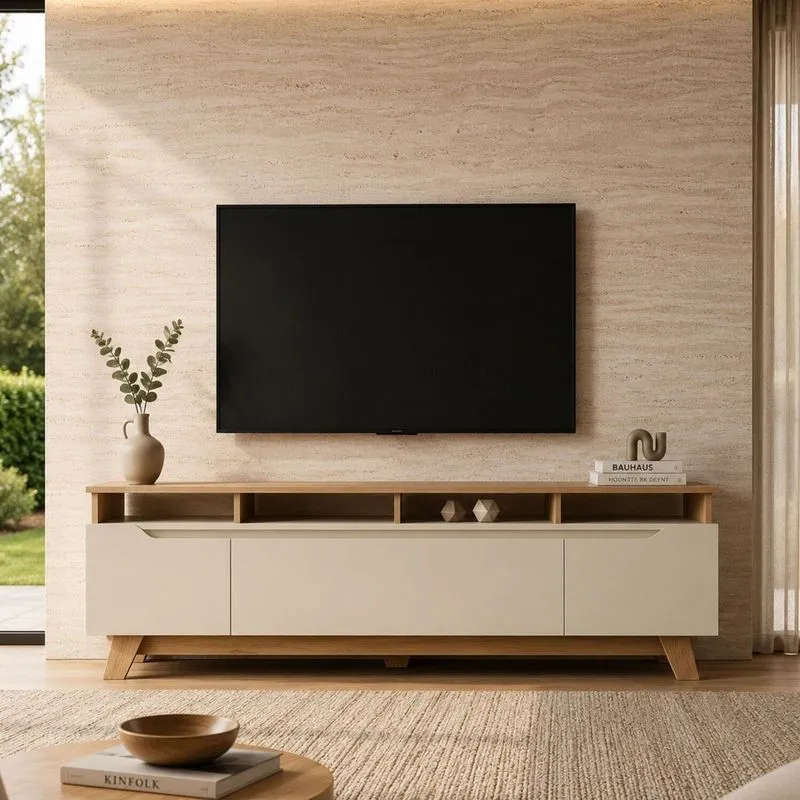 Rack Para TV Até 85 Polegadas Serena 100% MDF 3 Portas 219cm Off White/Louro Freijó