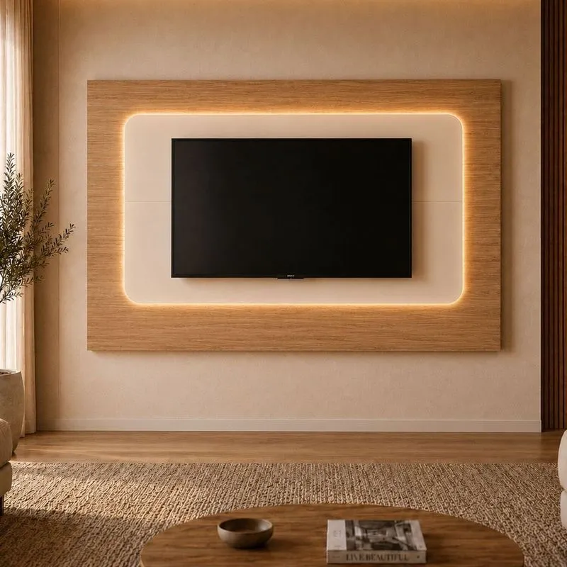 Painel Para TV Serena Suspenso Até 60 Polegadas 100% MDF LED 3500K 217cm Branco/Louro Freijó
