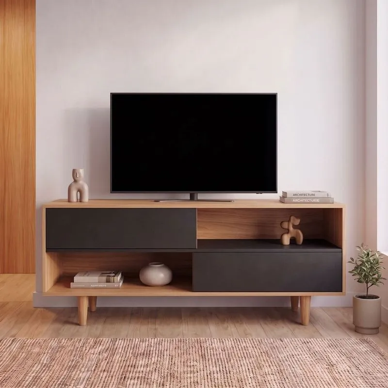 Rack Para TV Até 60 Polegadas Nara 100% MDF 2 Portas Pés Palito Preto/Louro Freijó