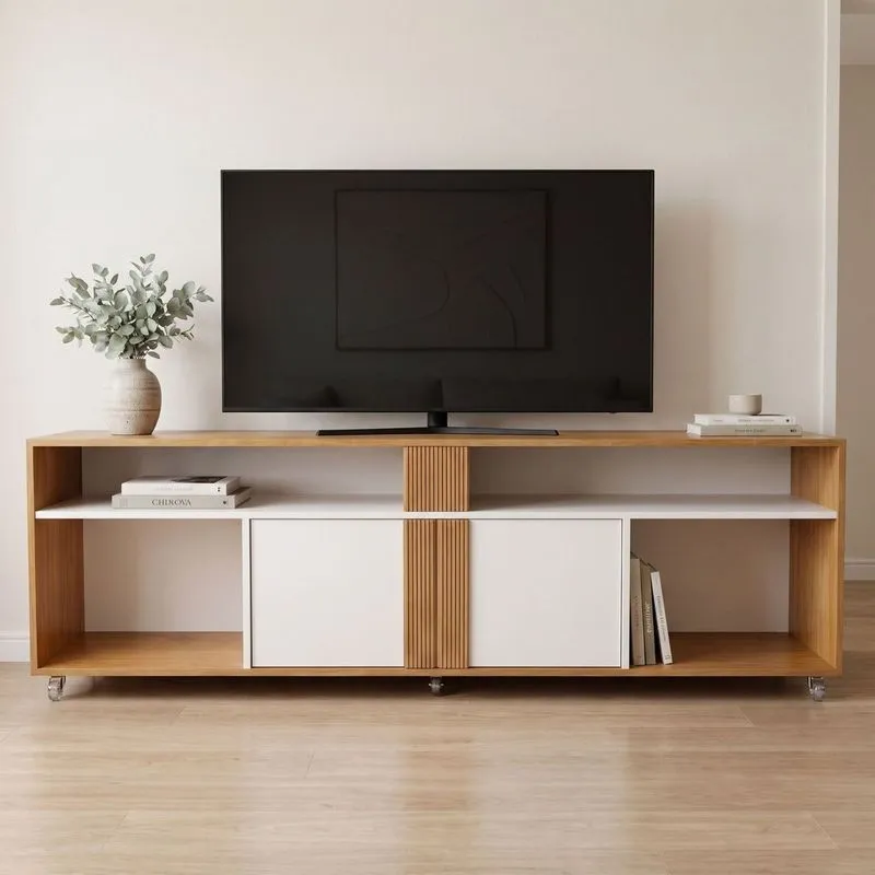 Rack Para TV Até 60 Polegadas Serena 100% MDF 2 Portas Ripado Branco/Louro Freijó