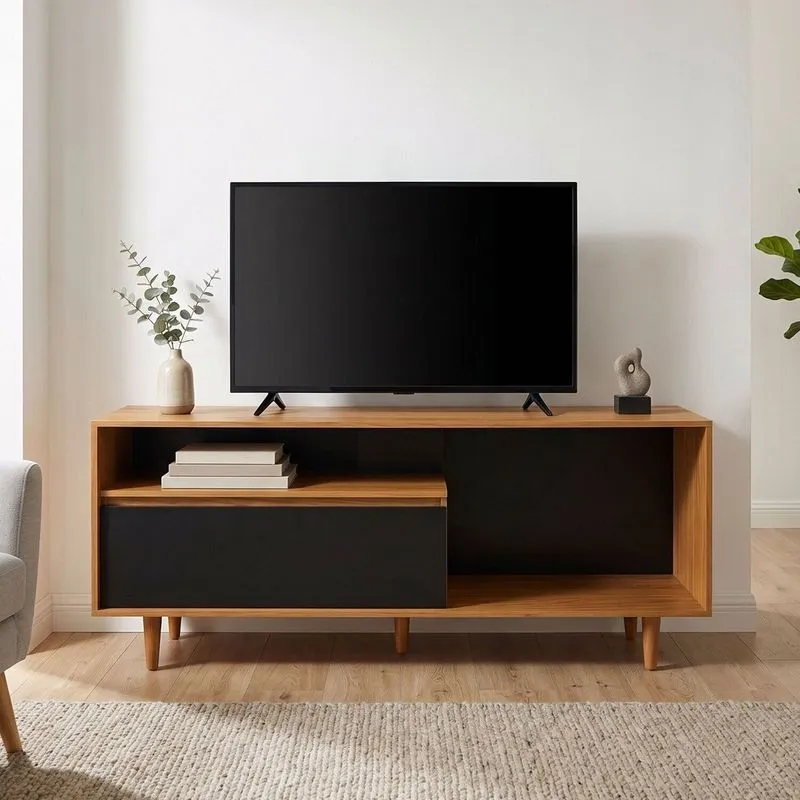 Rack Para TV Até 60 Polegadas Vero 100% MDF 1 Porta Pés Palito Preto/Louro Freijó