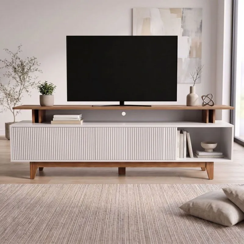 Rack Para TV Até 60 Polegadas Lorena 100% MDF 2 Portas Ripadas Branco/Louro Freijó