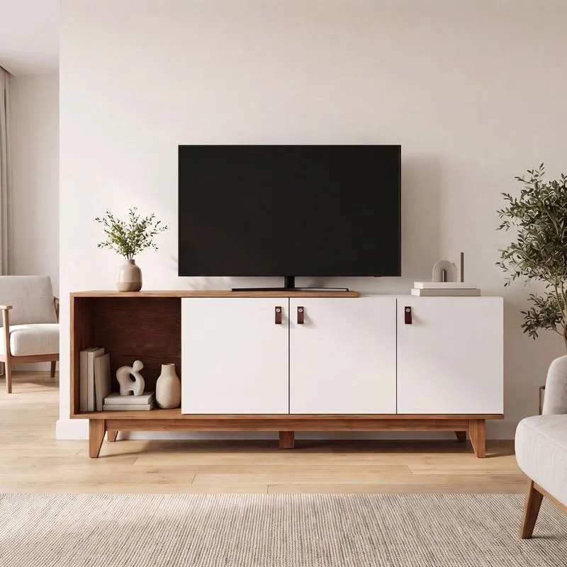 Rack Para TV Até 60 Polegadas Zuri 100% MDF 3 Portas Pés Em Madeira Branco/Louro Freijó
