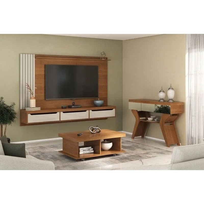 Conjunto Sala De Estar Com Painel Mesa De Centro E Aparador Cinamomo/off White