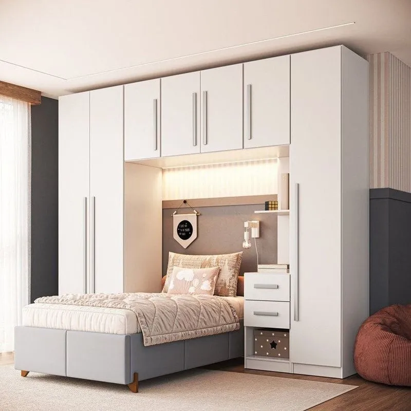 Quarto Modulado 100% MDF 5 Peças Mesa de Cabeceira Direita 7 Portas e 5 Gavetas Integrato Branco Branco