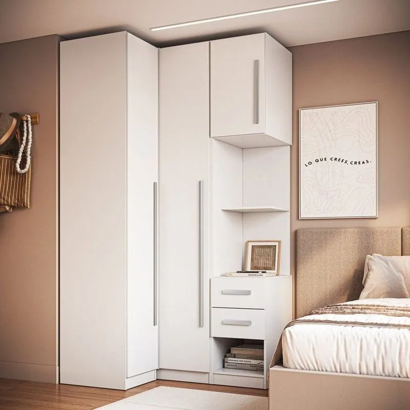Guarda Roupa Modulado 100% MDF 3 Peças Com Mesa De Cabeceira Esquerda 3 Portas E 2 Gavetas Integrat Branco