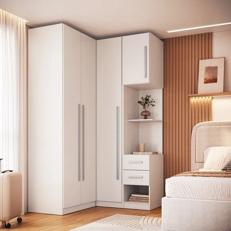 Guarda Roupa Modulado 100% MDF 3 Peças Com Mesa De Cabeceira Esquerda 4 Portas E 2 Gavetas Integrat Branco