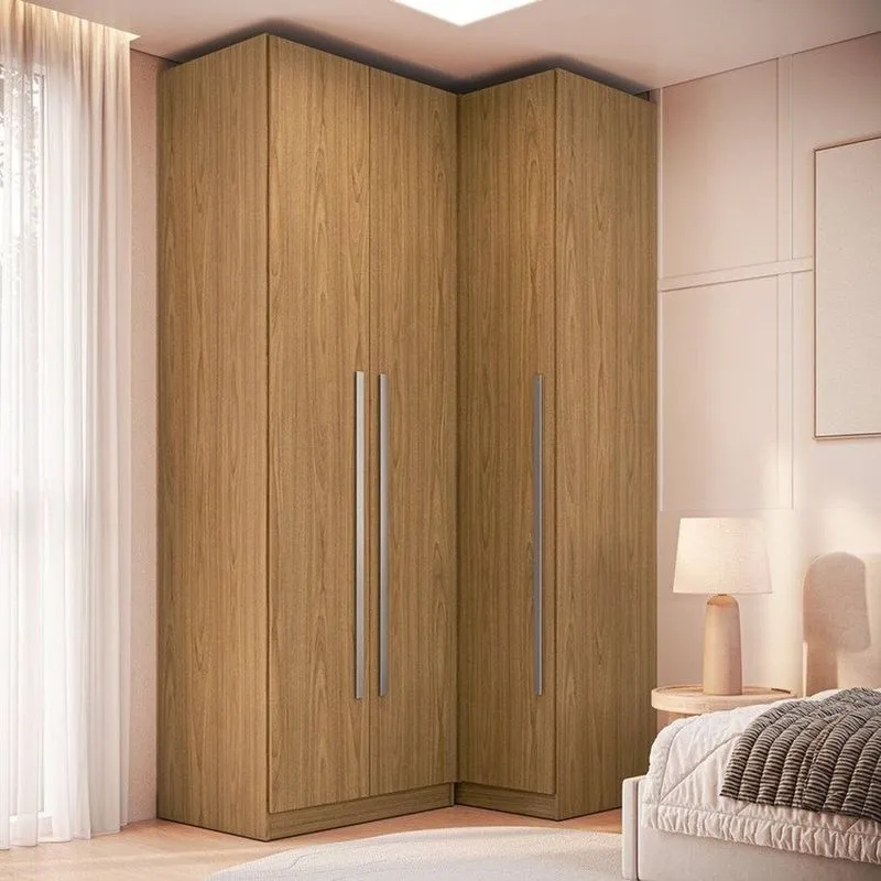 Guarda Roupa Modulado 100% MDF 2 Peças Com Canto Reto 3 Portas E Gavetas Integrato Branco Freijó