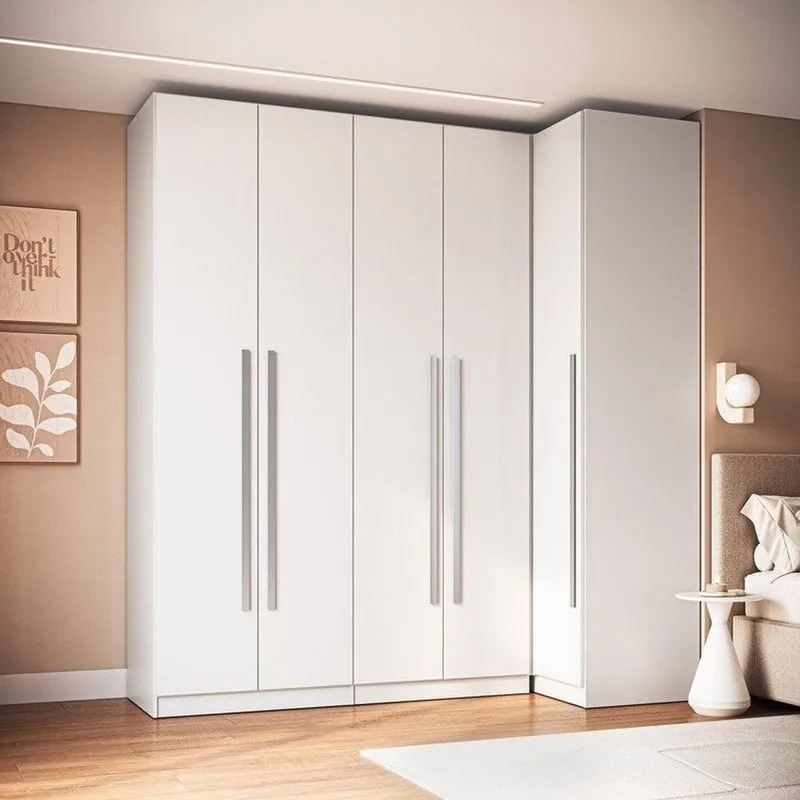 Guarda Roupa Modulado 100% MDF 2 Peças Com Canto Reto 5 Portas Integrato Branco Branco