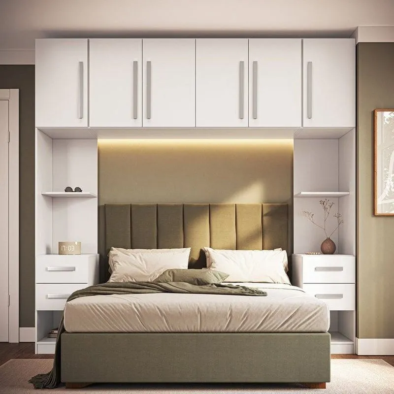 Guarda Roupa Modulado 100% MDF 3 Peças Com Mesa De Cabeceiras Direita E Esquerda Aéreo 6 Portas E Branco