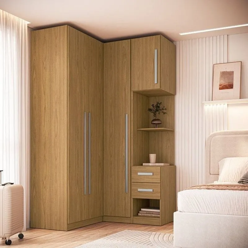 Guarda Roupa Modulado 100% MDF 3 Peças Com Mesa De Cabeceira Esquerda 4 Portas E 2 Gavetas Freijó