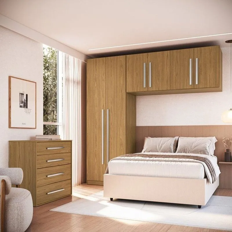 Quarto Modulado Casal 100% MDF 3 Peças 6 Portas Cômoda 4 Gavetas Integrato Freijó Freijó