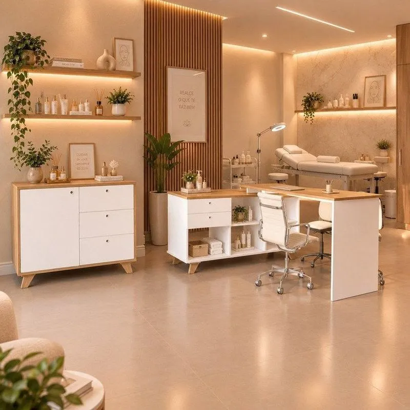 Conjunto Para Clínica De Estética Com Mesa E Balcão, Para Massagem, Depilação E Salão De Beleza Olmo/branco