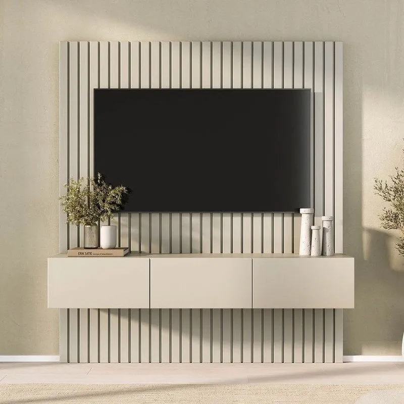 Rack Com Painel Ripado Para Tv Até 60 Polegadas 160cmx180cm Aruá Cabecasa Madeiraoriginals Off White Off White