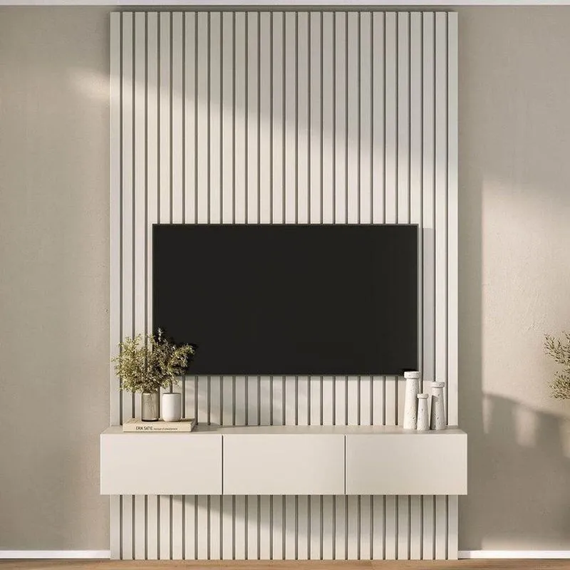 Rack Com Painel Ripado Para TV Até 60 Polegadas 160cmx250cm Aruá Cabecasa Madeiraoriginals Off White