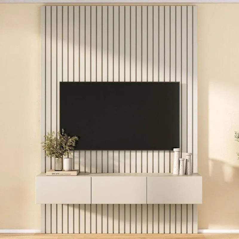 Rack Com Painel Ripado Para Tv Até 60 Polegadas 160cmx230cm Aruá Cabecasa Madeiraoriginals Offwhit Off White