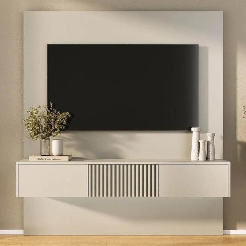 Rack Ripado Com Painel Para Tv Até 60 Polegadas 160cmx180cm Aruá Cabecasa Madeiraoriginals Offwhite Off White