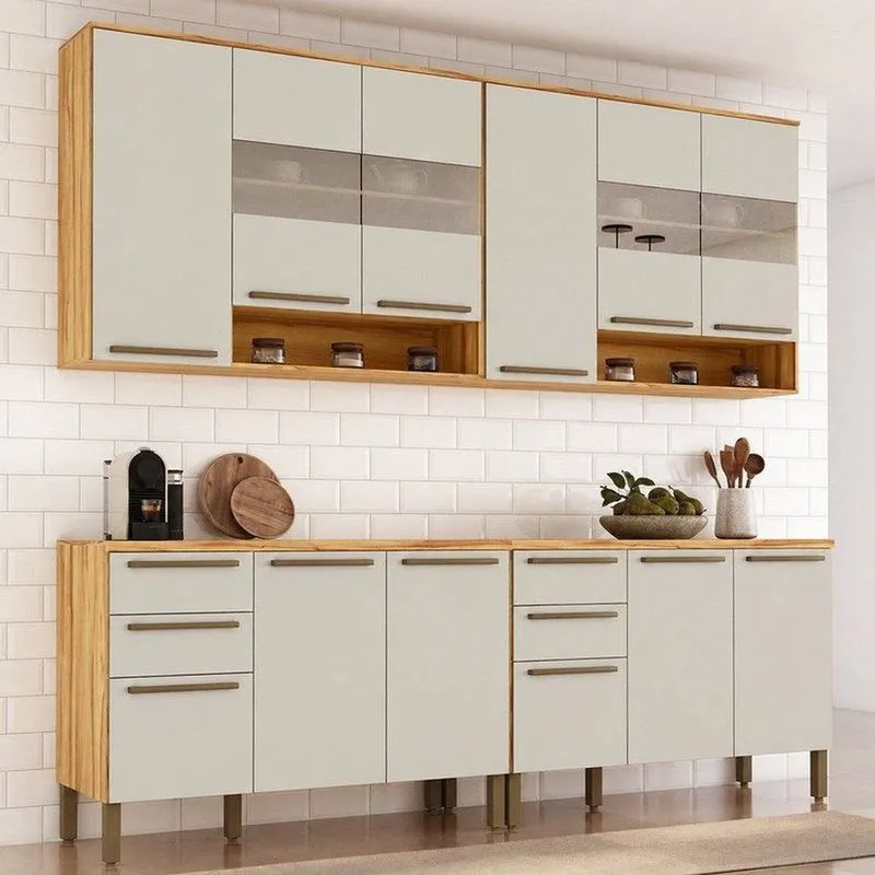 Cozinha Modulada Compacta 4 Peças 12 Portas MDF 240cm Itália Espresso Móveis Amêndoa/Off White
