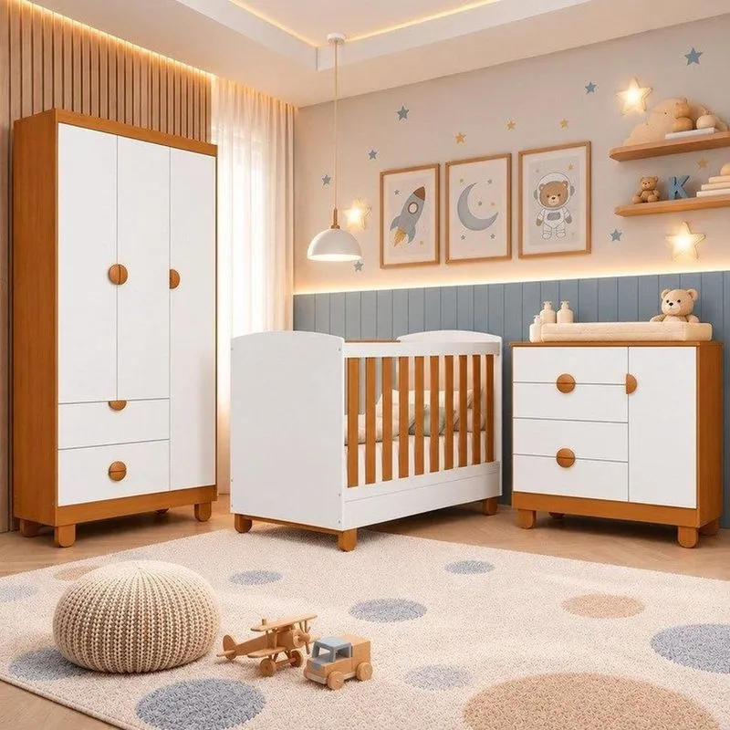 Quarto Apolo Para Bebê Completo Com Berço 2 Em 1 Cômoda Com Porta E Guarda Roupa 3 Portas 100% M Branco/savana