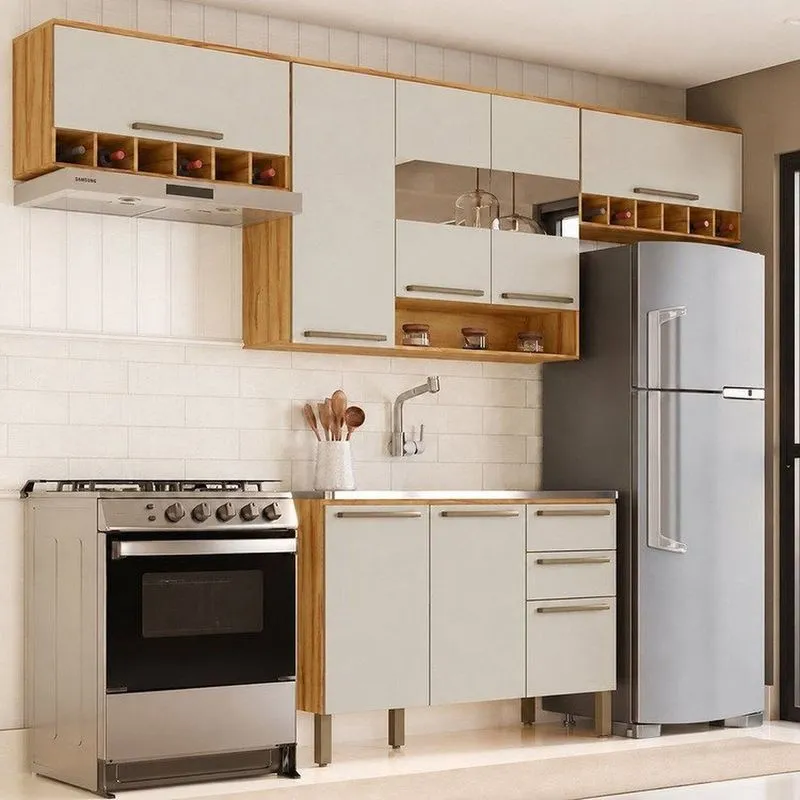 Cozinha Modulada Compacta 4 Peças 8 Portas MDF 280cm Itália Espresso Móveis Amêndoa/Off White
