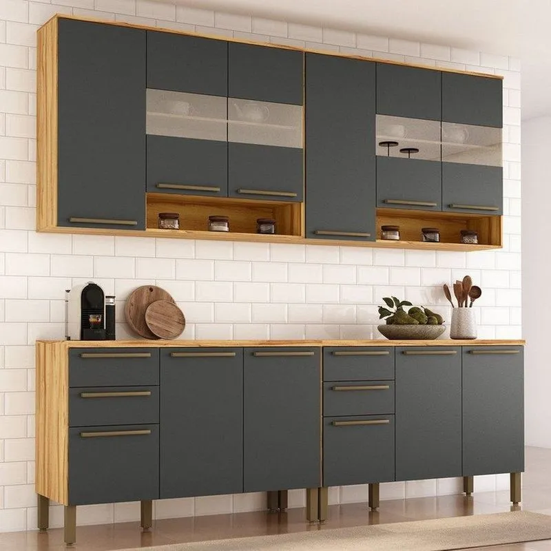 Cozinha Modulada Compacta 4 Peças 12 Portas MDF 240cm Itália Espresso Móveis Amêndoa/Cinza
