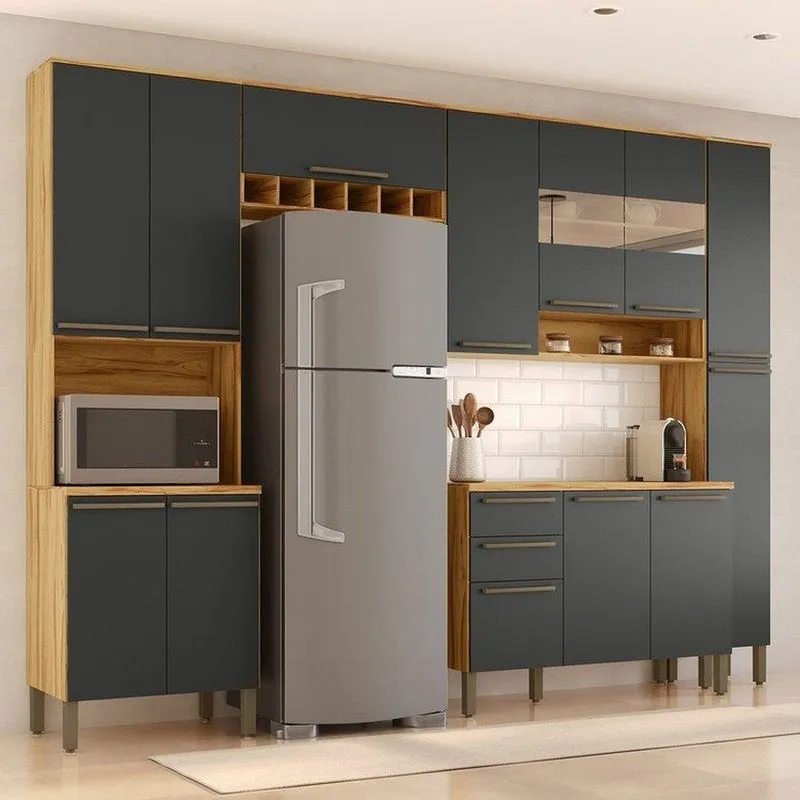 Cozinha Modulada Compacta 5 Peças 13 Portas MDF 300cm Itália Espresso Móveis Amêndoa/Cinza