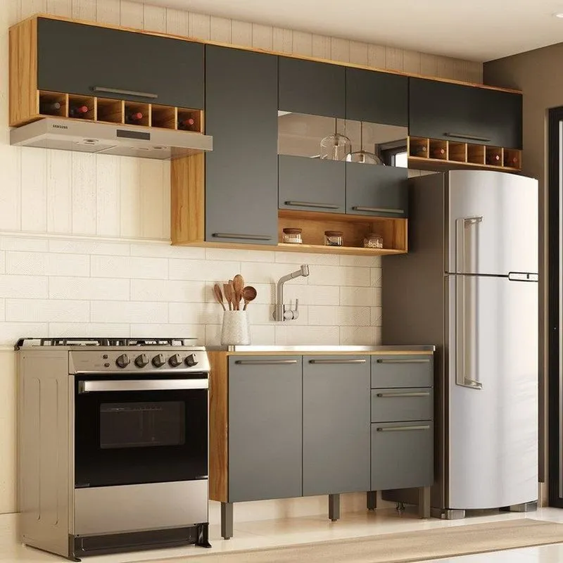 Cozinha Modulada Compacta 4 Peças 8 Portas MDF 280cm Itália Espresso Móveis Amêndoa/Cinza