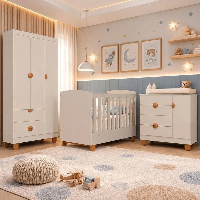 Quarto Apolo Para Bebê Completo Com Berço 2 Em 1 Cômoda Com Porta E Guarda-roupas 3 Portas 100% M Areia