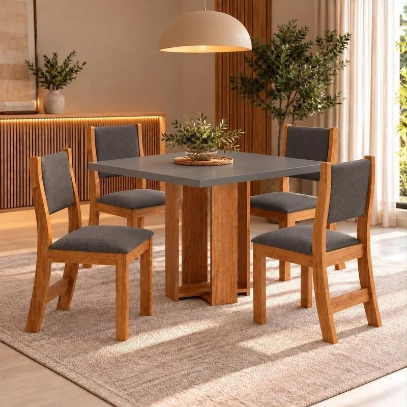 Conjunto Sala De Jantar 4 Lugares Mesa Quadrada Tampo De Mdp Jady Mel/cinza