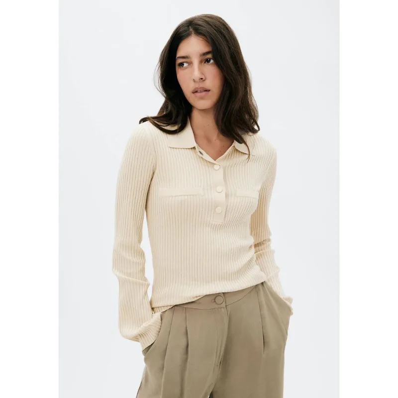 Blusa Polo Feminina Manga Longa Em Ribana - Creme G