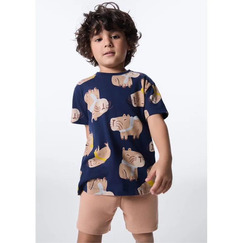 Shorts Infantil Menino Reto Cós Elástico - Bege 003
