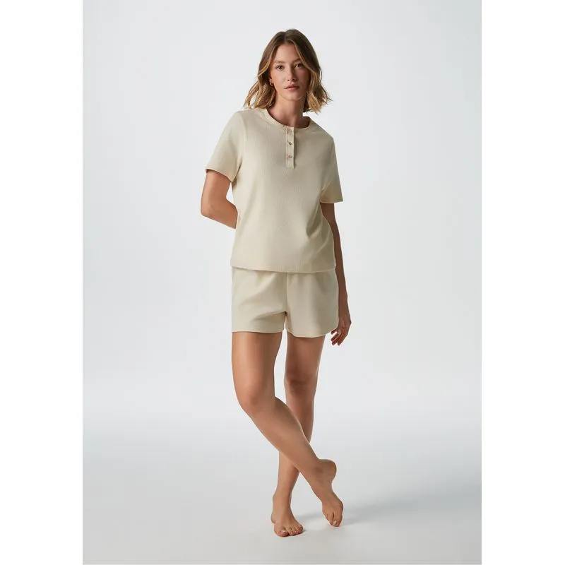 Pijama Curto Feminino Em Ribana - Creme XP