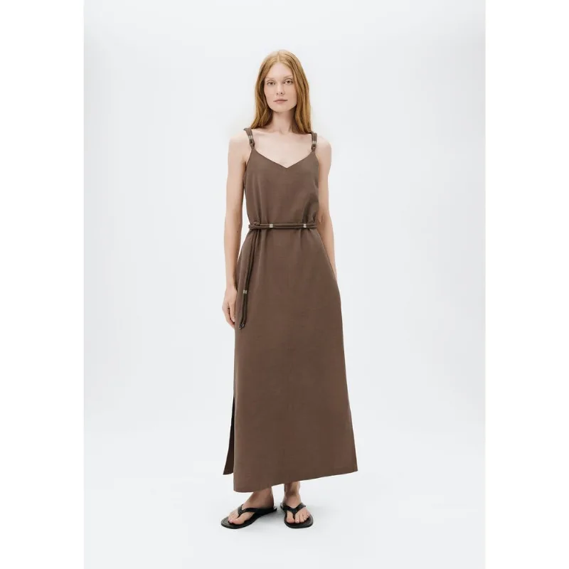 Vestido Midi Decote V Com Cinto - Marrom M