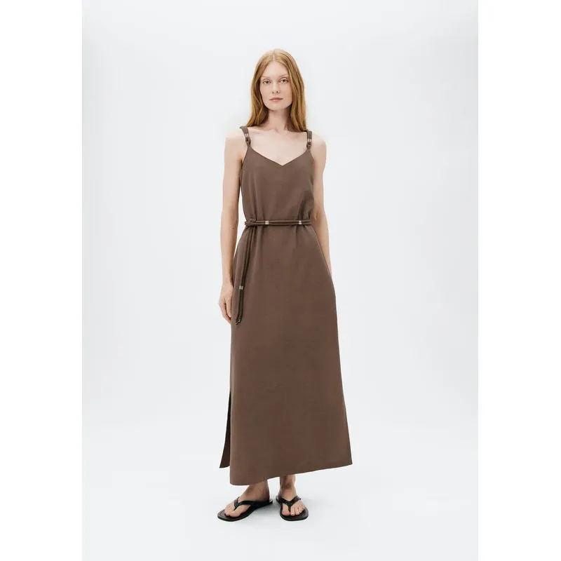 Vestido Midi Decote V Com Cinto - Marrom XG