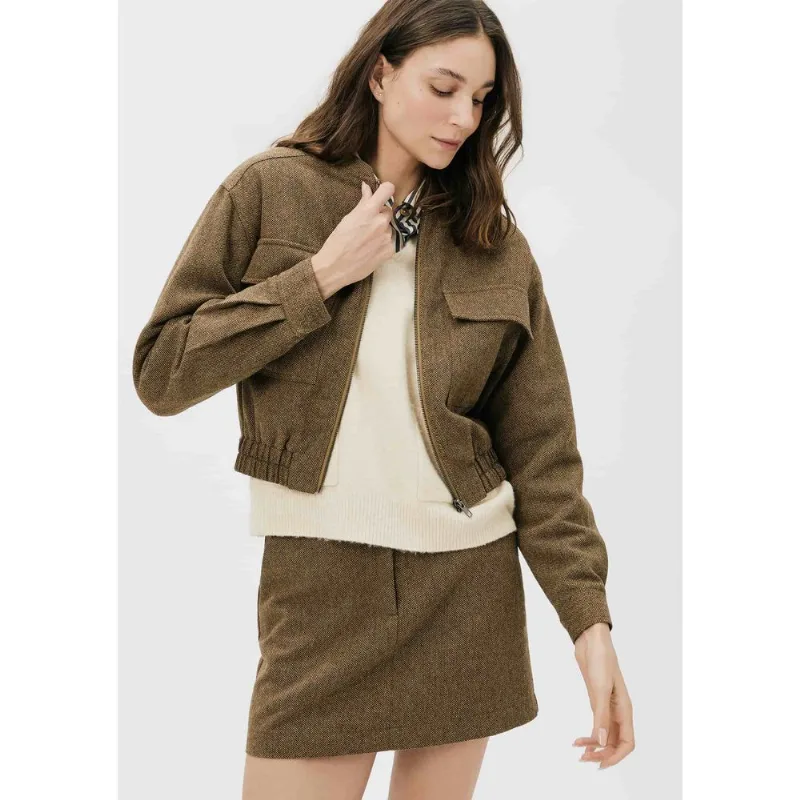 Jaqueta Feminina Bomber Fio Tinto Com Lã - Marrom M